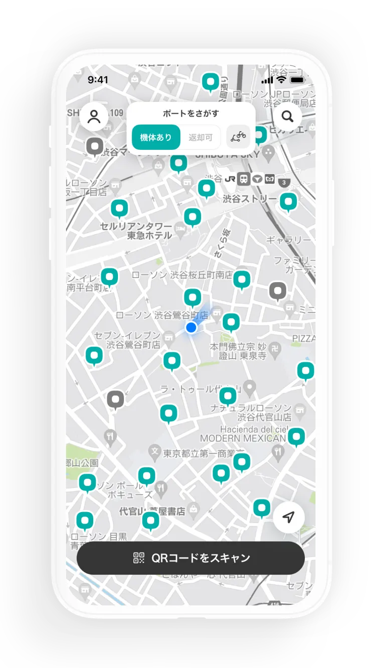 LUUPアプリで車両を借りるポートを探す画面